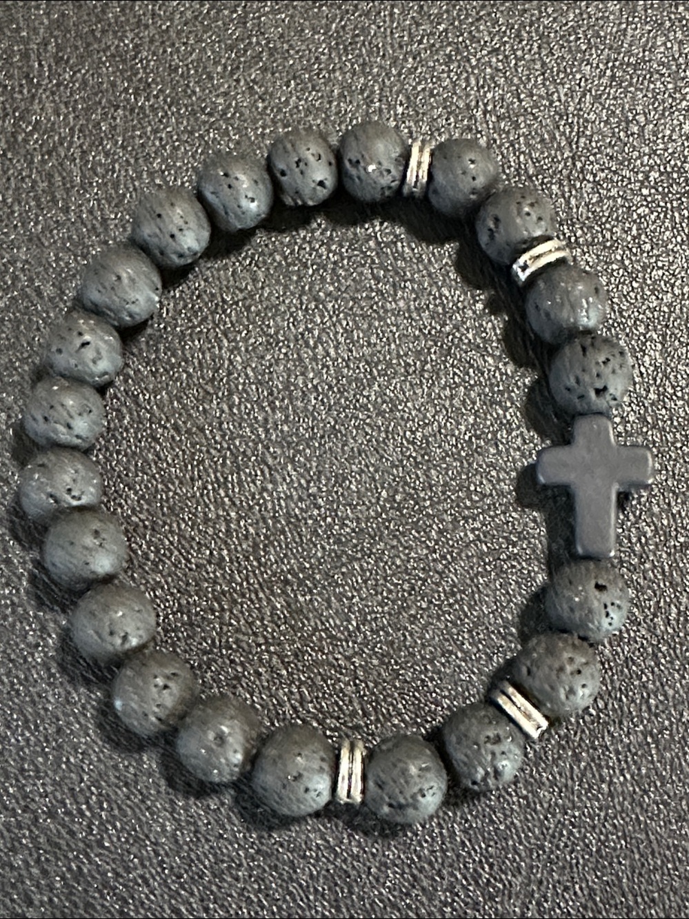 Lava Rock Stretch Bracelet With Cross Pendant